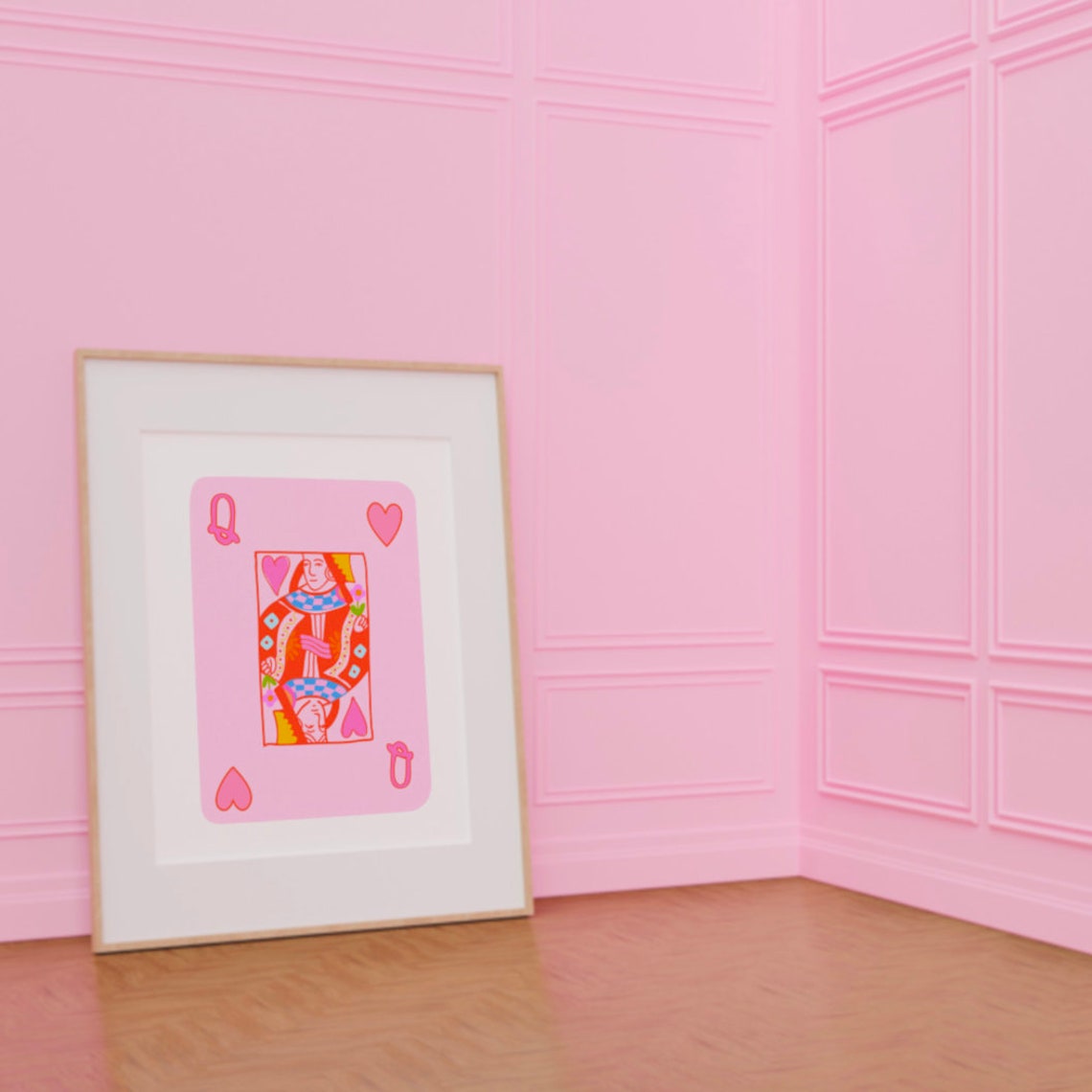 Pink Queen of Hearts Playing Card Hand Drawn Illustration Art Print
