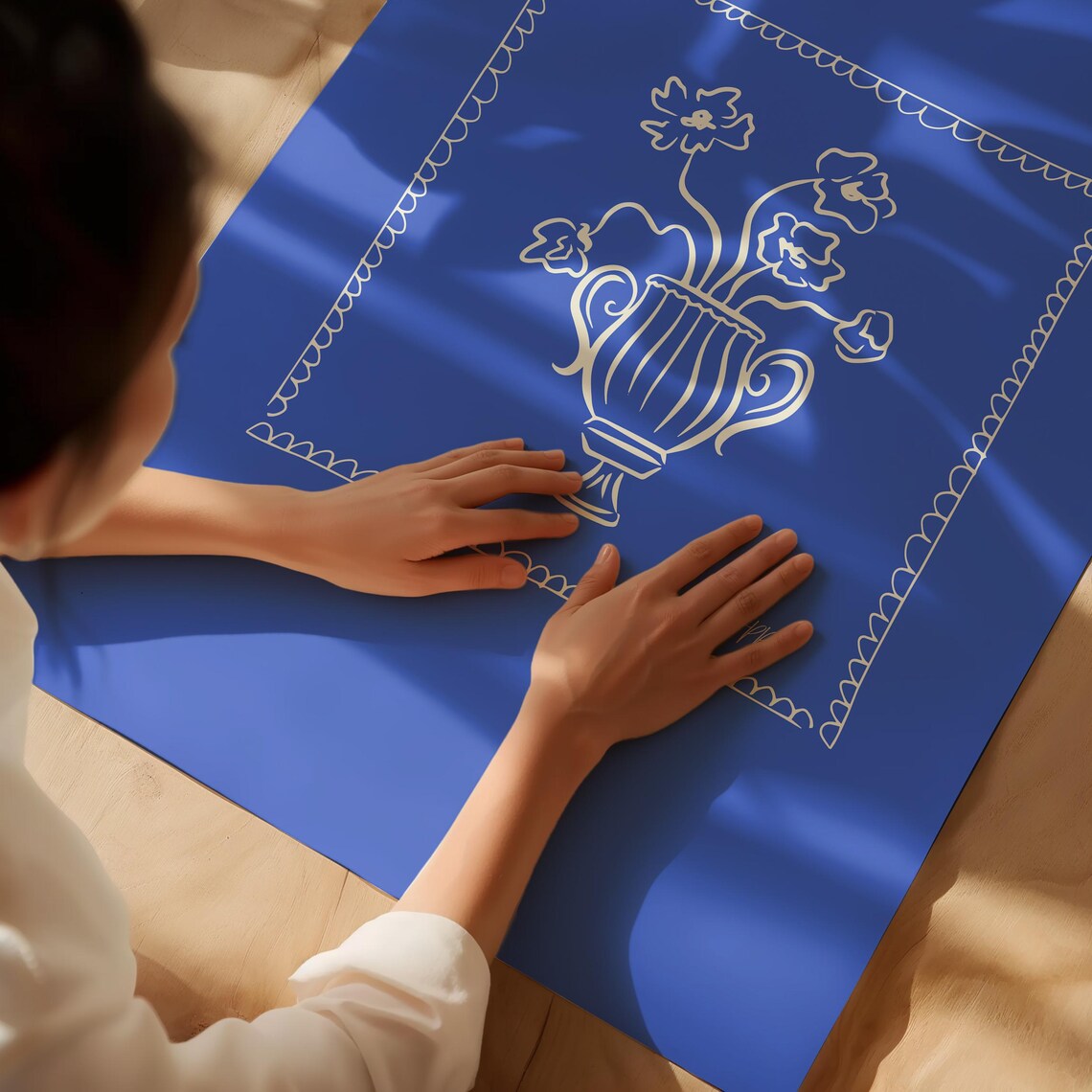 Cream Floral Urn Scalloped Border Cobalt Blue Bold Botanical Poster - Image 3