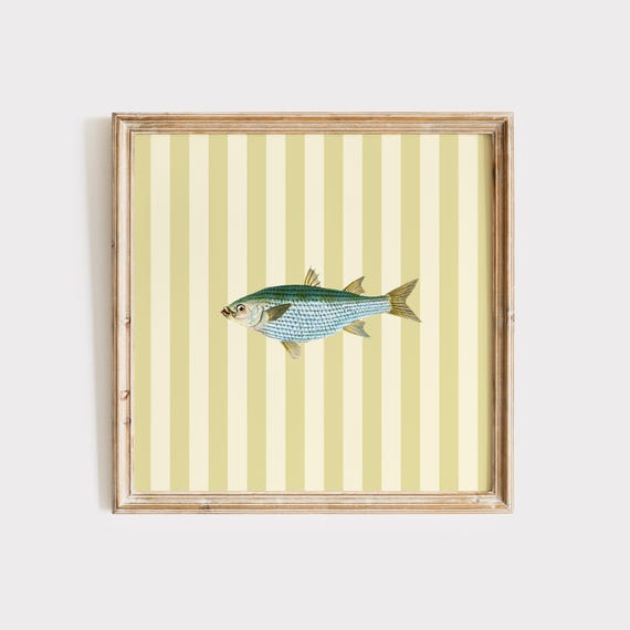 Striped Minimal Fish Print, Cottage Coastal Decor