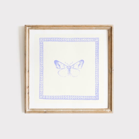 Vintage Lavender Minimal Butterfly Square Print Wall Art Kitchen Living Room Art Blue Thin Line Print