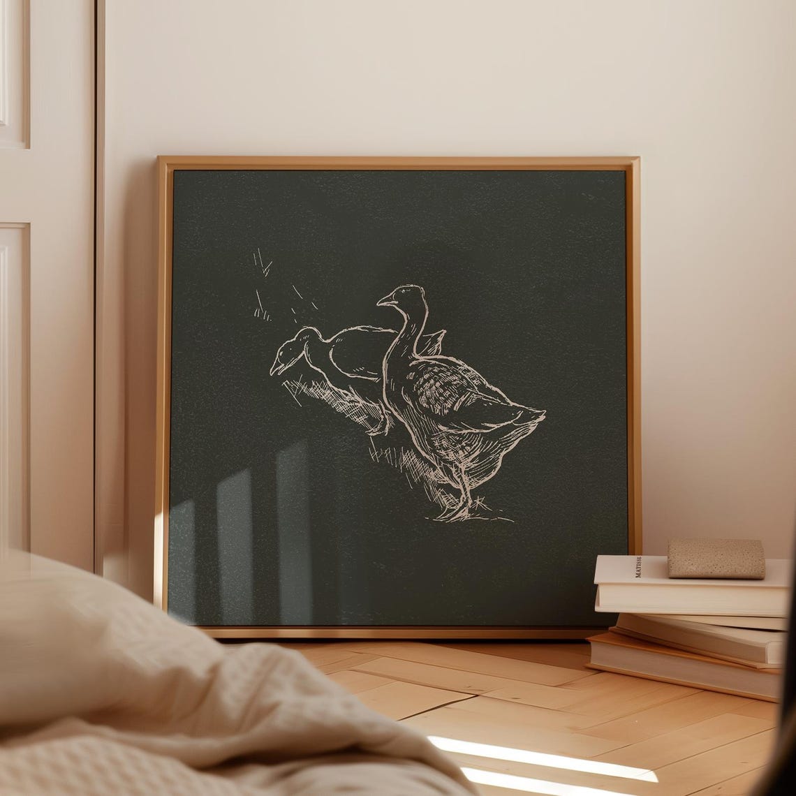 Farm Ducks Line Sketch Black Rustic Minimalist Square Wall Art