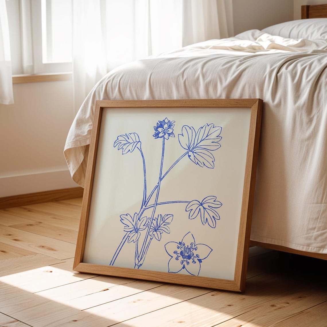 Blue Line Wildflower Botanical Sketch Cream Square Nursery Art Poster - Image 2
