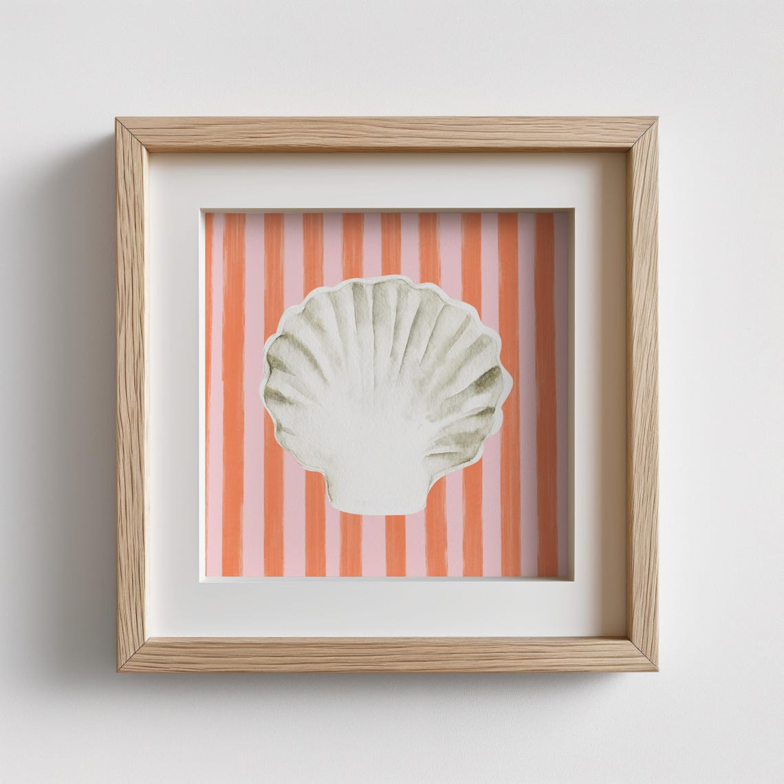 White Scallop Shell Coral Striped Background Coastal Watercolor Poster - Image 2
