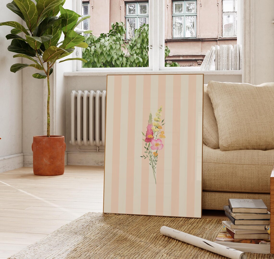 Blush Striped Minimal Watercolor Floral Art Print - Image 3