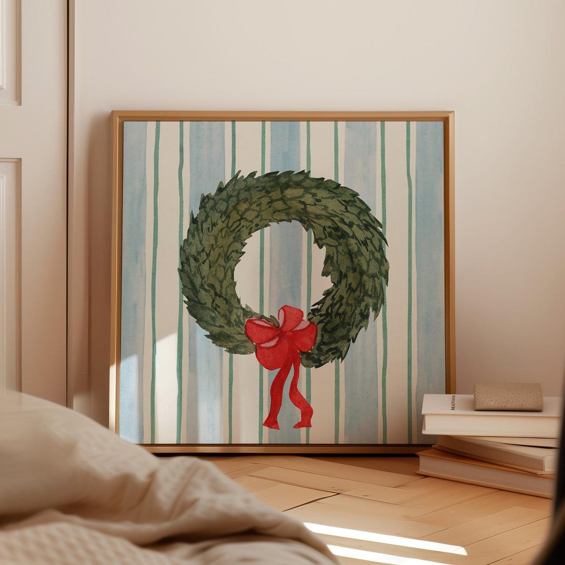 Green Christmas Wreath with Red Bow on Striped Blue Background Poster - Image 2