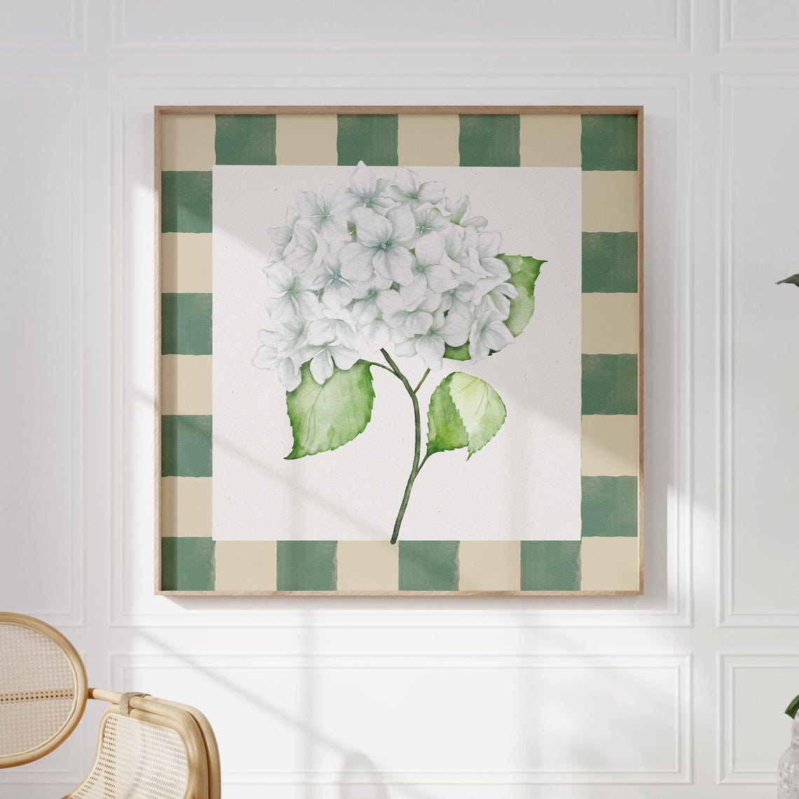 White Hydrangea Watercolor Bloom with Green Gingham Border Print - Image 3