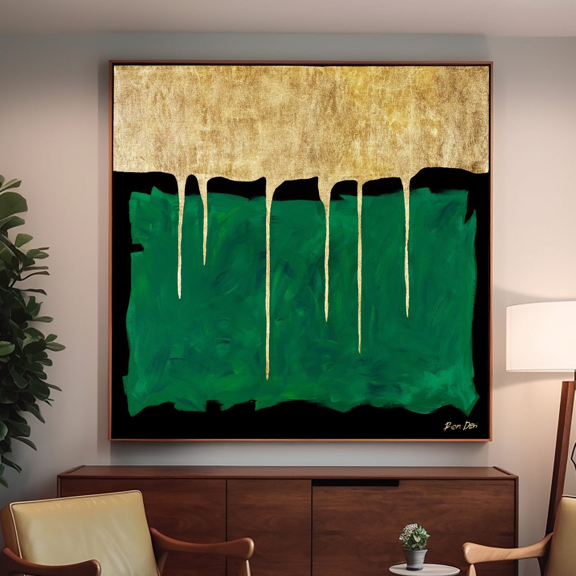 Emerald Green and Gold Drip Abstract Poster with Luxury Texture