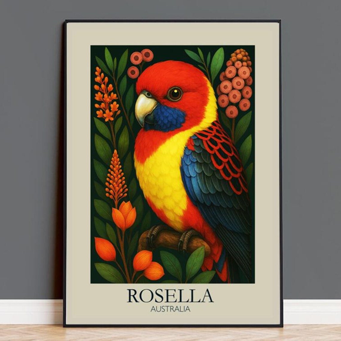Rosella Australia Colorful Parrot Floral Bird Portrait Art Poster