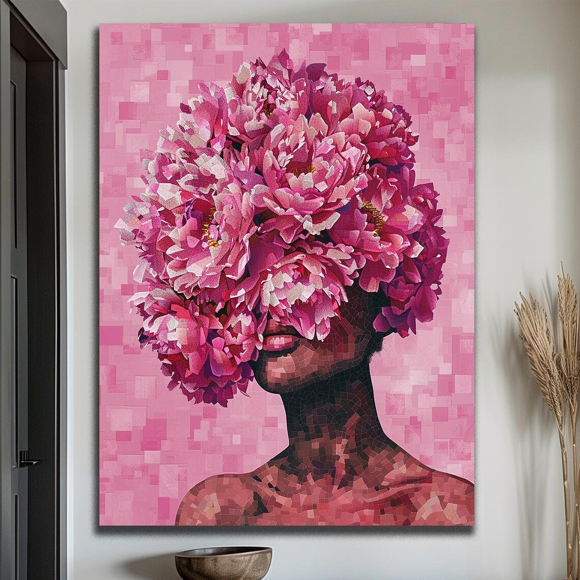 Pink Peony Floral Woman Mosaic Portrait Romantic Artwork Poster