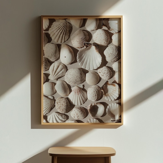 White Seashell Collection on Beige Soft Coastal Still Life Poster