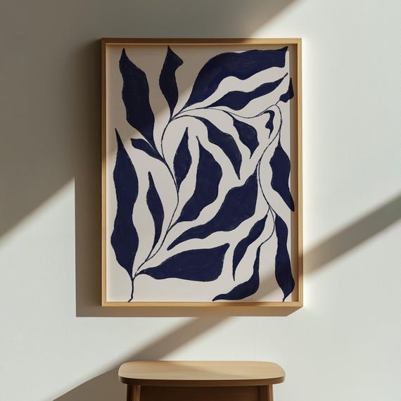Abstract Deep Blue Leaves Art Minimalist Painting Mid Century Poster Wall