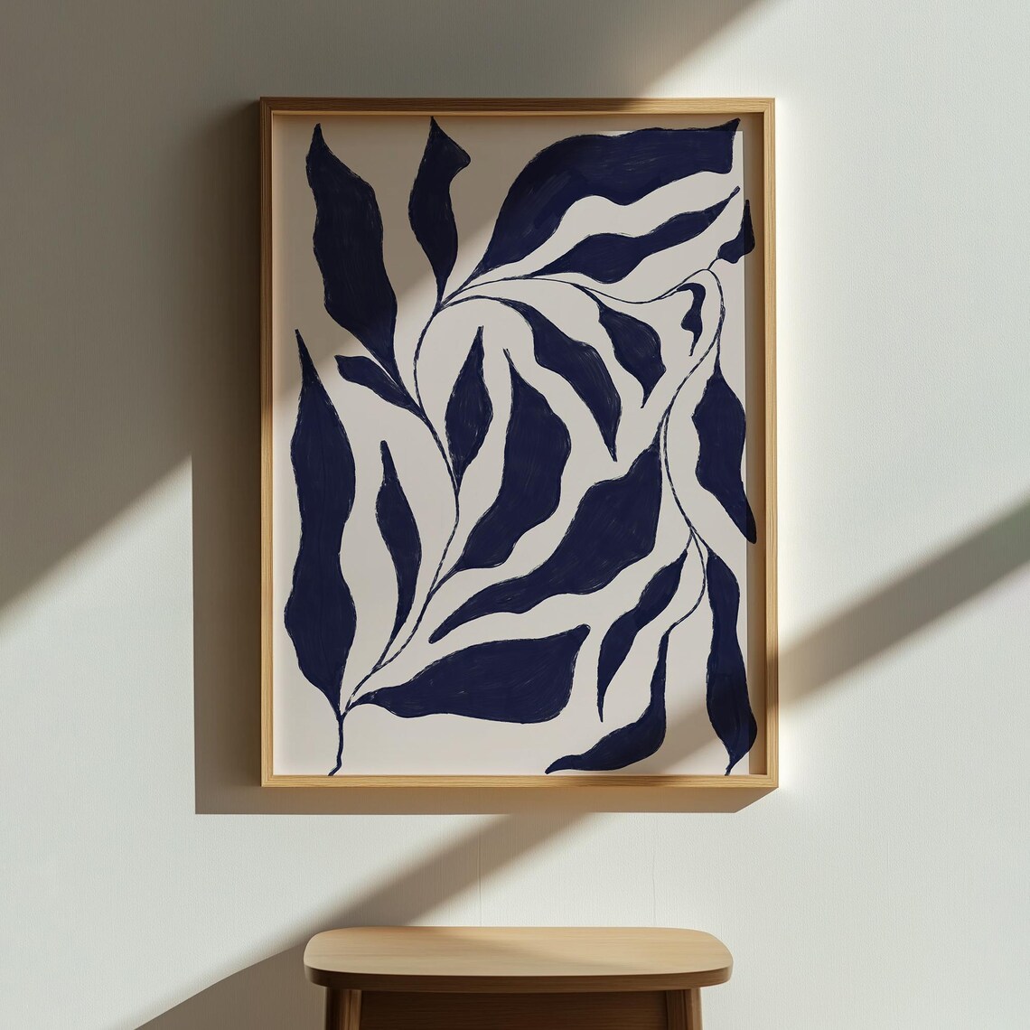 Abstract Deep Blue Leaves Art Minimalist Painting Mid Century Poster Wall