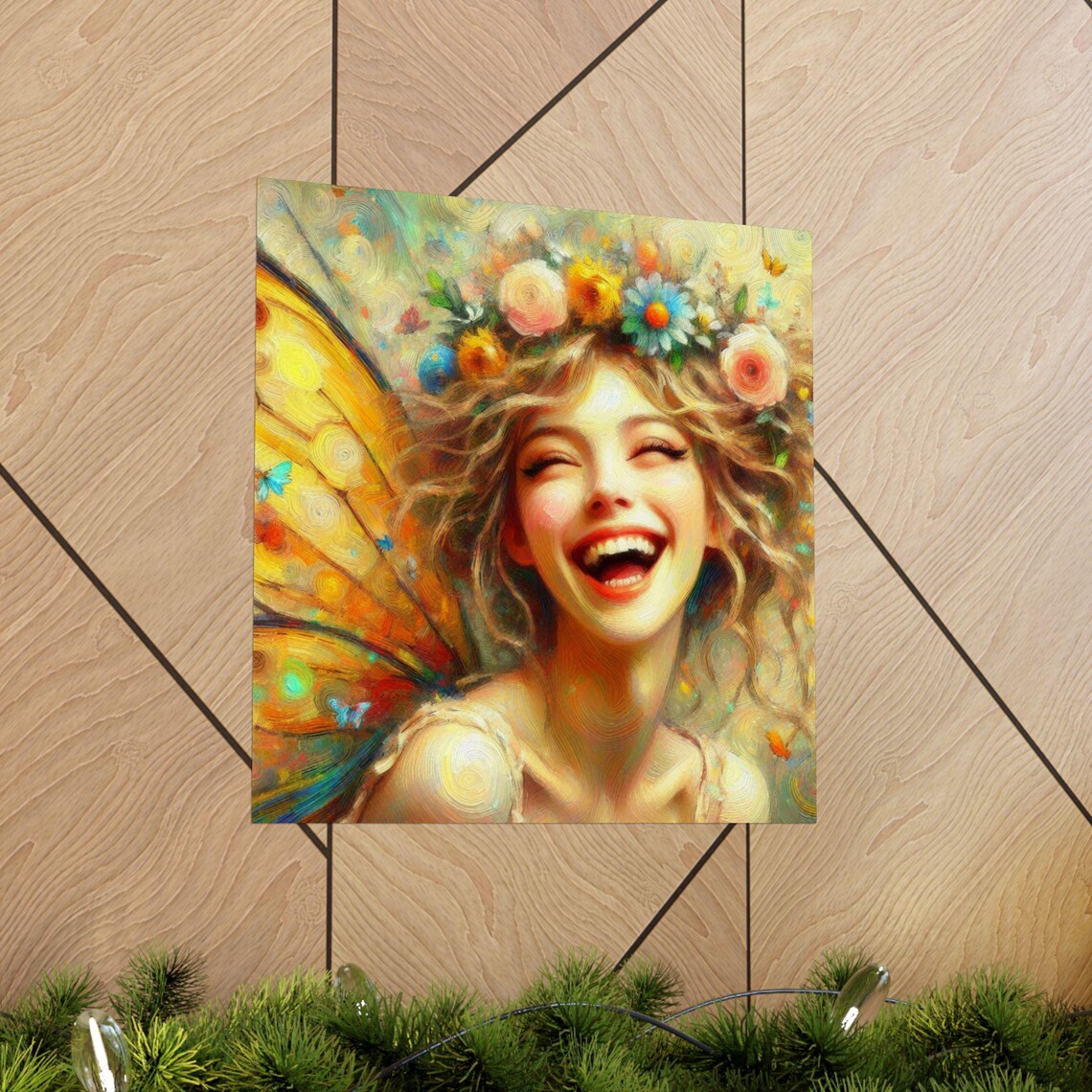 Laughing Fairy with Flower Crown and Butterfly Wings Art Poster - Image 5
