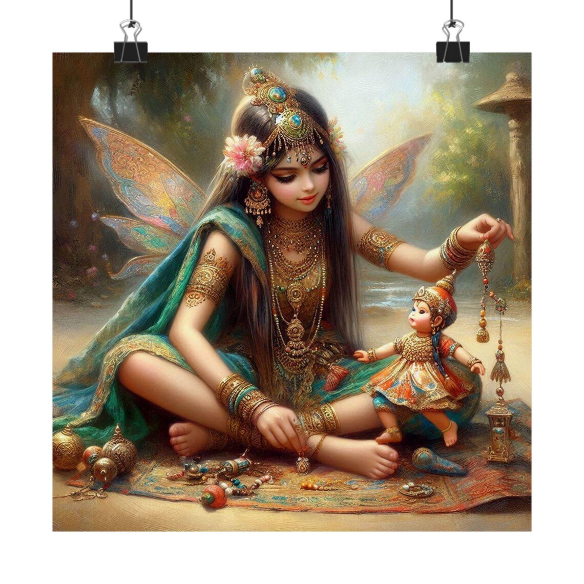 Indian Fairy Girl with Gold Jewels and Child Fantasy Art Poster