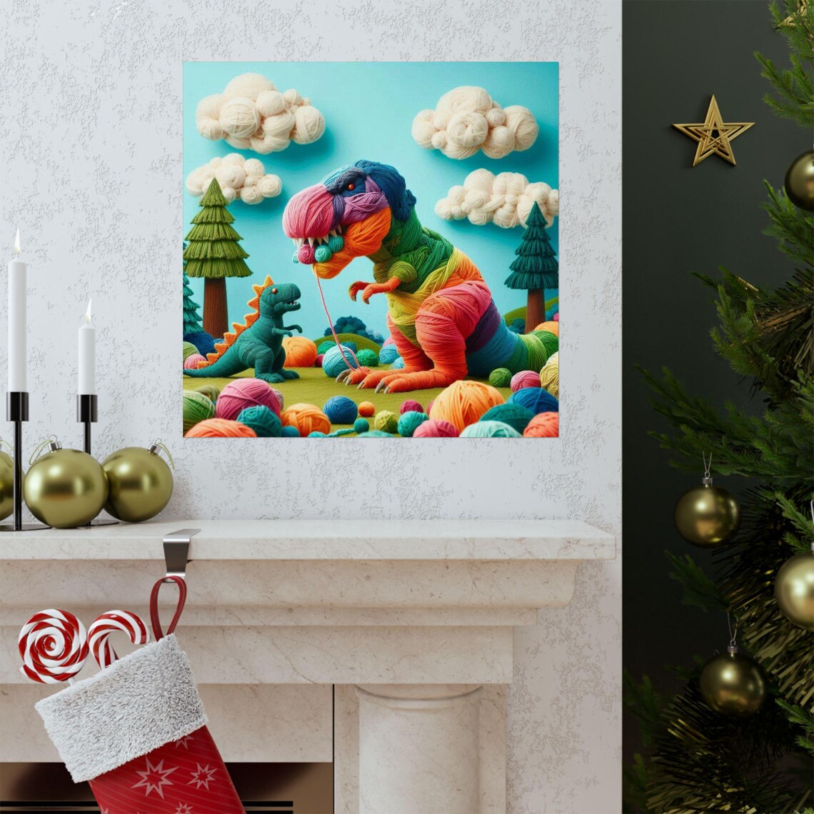 Colorful Yarn T Rex With Baby Dinosaur Fun Kids Room Art Poster - Image 3