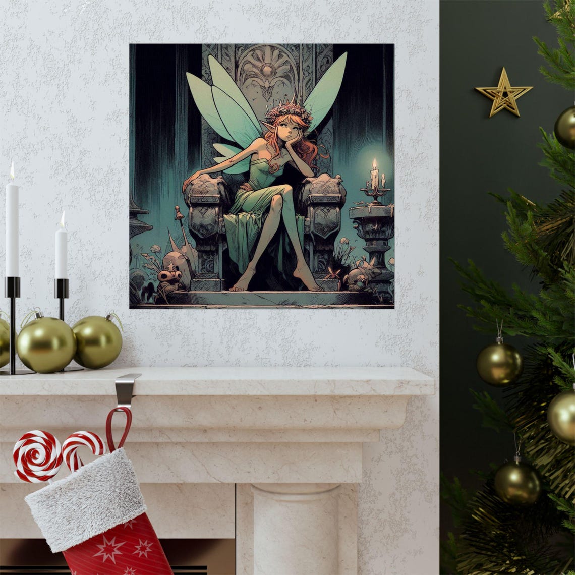 Bored Fairy Queen Resting on a Stone Throne in Candlelight Poster - Image 3