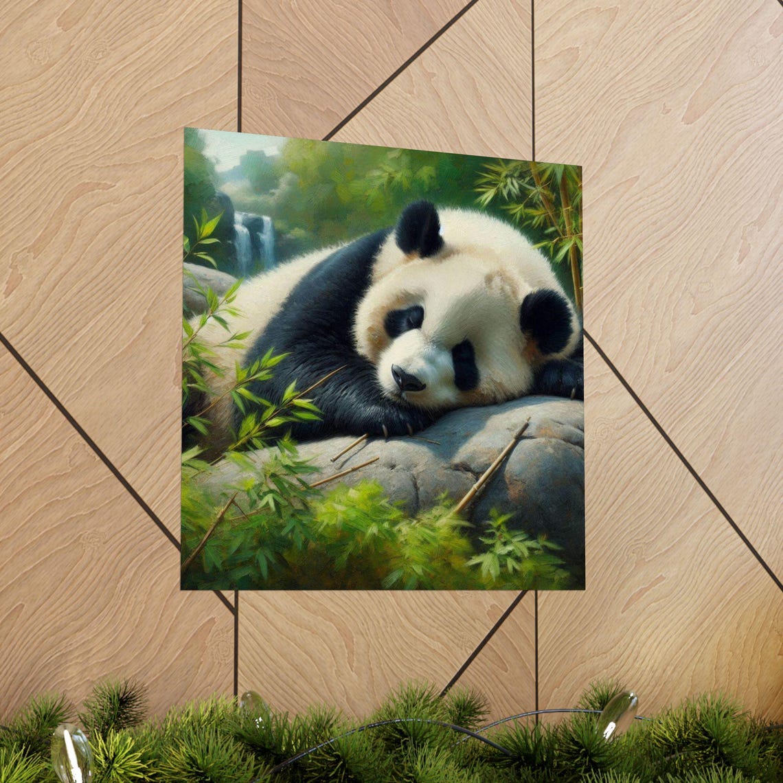 Sleeping Panda Resting on Rock with Bamboo Cute Animal Art Poster - Image 5