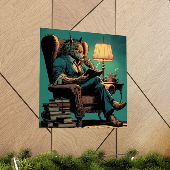 Werewolf Gentleman Reading a Book in an Armchair Humor Art Poster