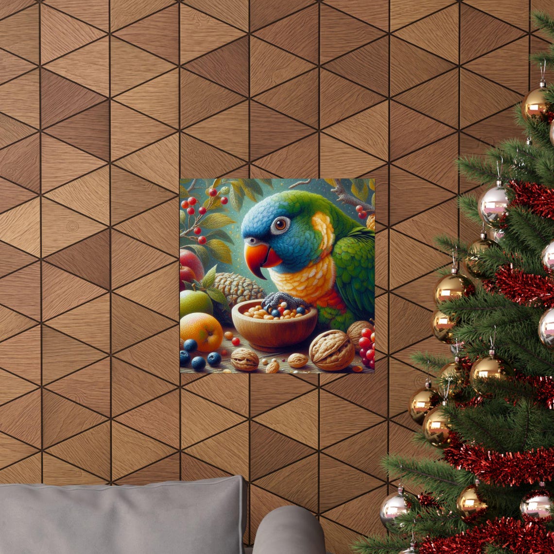 Colorful Parrot Eating Fruit from Bowl Whimsical Bird Art Poster - Image 6