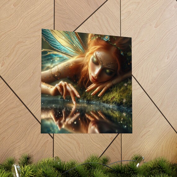 Red Haired Fairy Touching Water with a Golden Reflection Poster