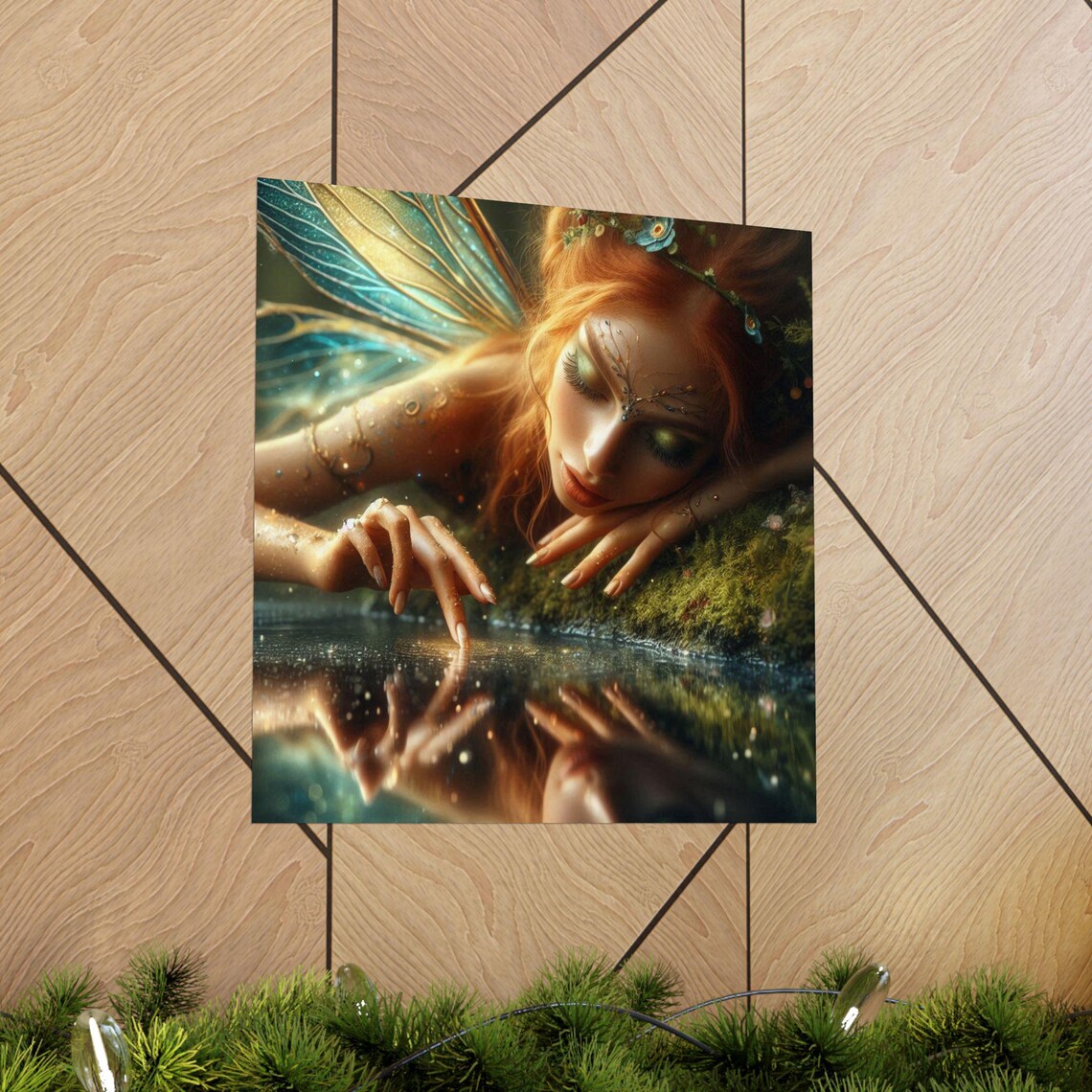 Red Haired Fairy Touching Water with a Golden Reflection Poster