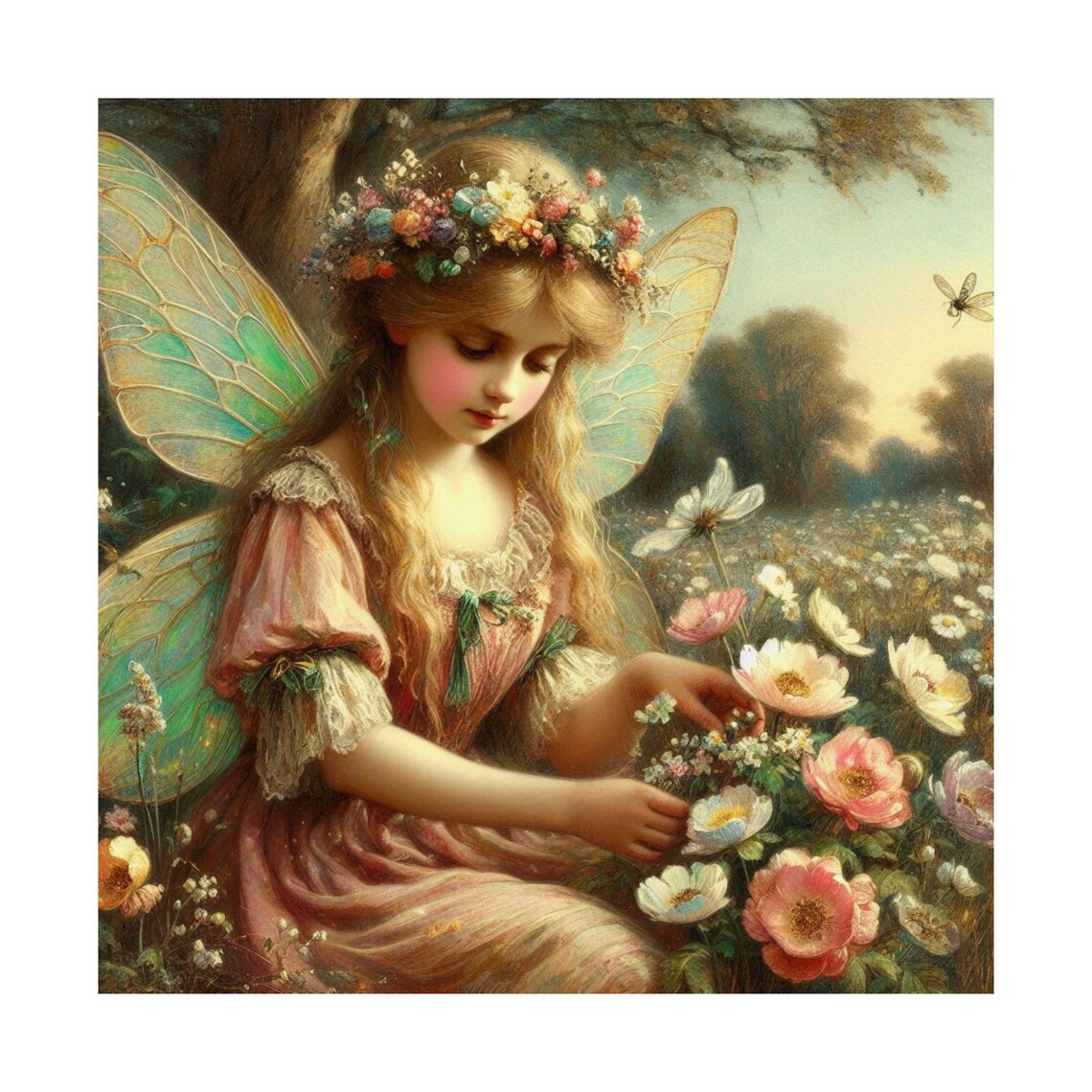 Floral Crown Fairy Gathering Pink Wildflowers Fantasy Art Poster - Image 6