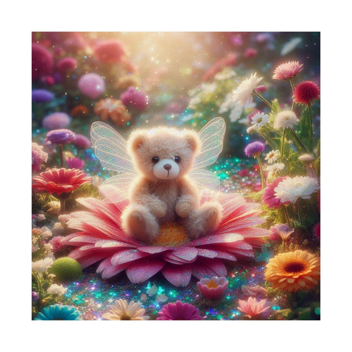 Cute Teddy Bear with Fairy Wings Sitting on a Pink Flower Poster - Image 6