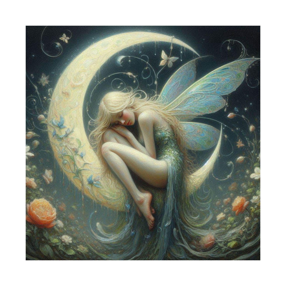 Fairy Sleeping Curled on Crescent Moon Night Sky Fantasy Art Poster - Image 7