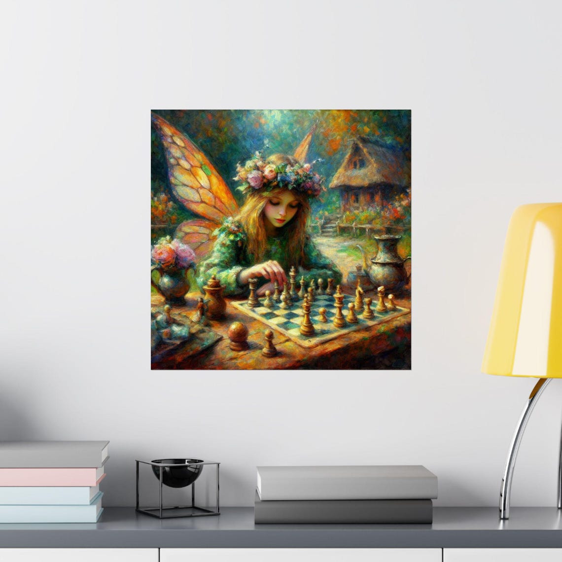 Fairy Playing Chess in Cozy Cottage Garden Fantasy Art Poster - Image 2