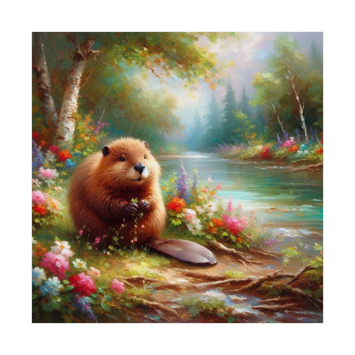 Cute Chubby Beaver Sitting by Forest River Wildflower Art Poster - Image 7