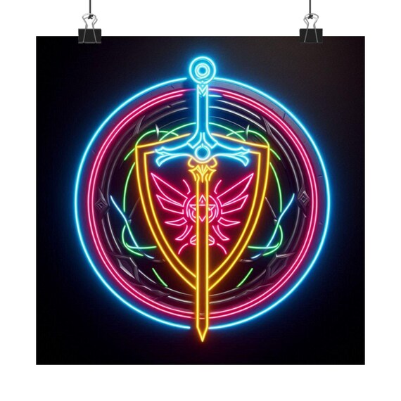 Glowing Neon Sword and Shield Fantasy Emblem on Black Poster
