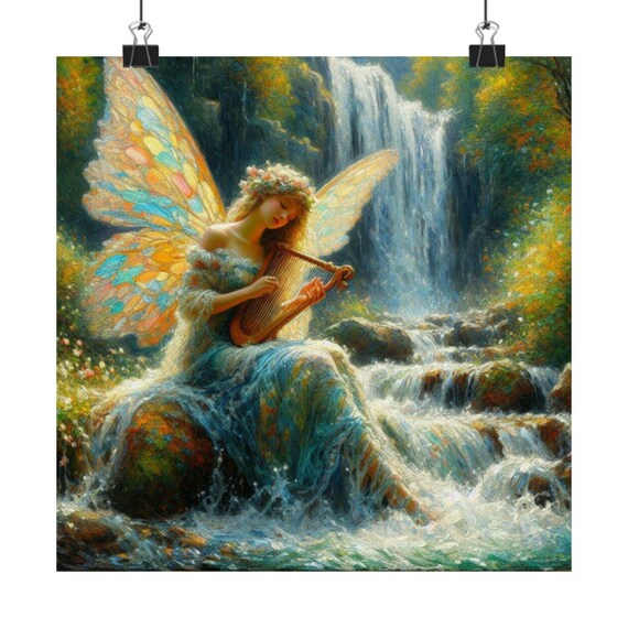 Fairy Playing Golden Harp by Waterfall in Forest Fantasy Art Poster