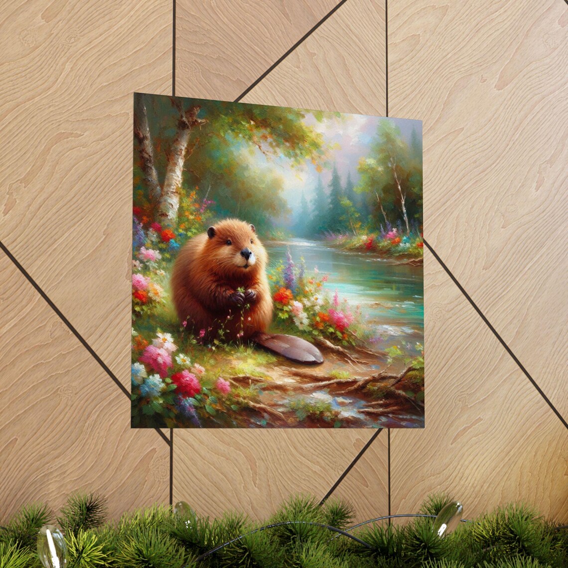 Cute Chubby Beaver Sitting by Forest River Wildflower Art Poster - Image 5