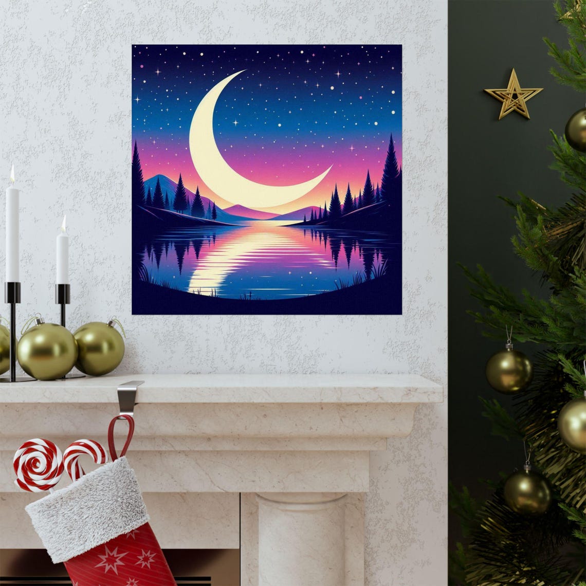 Giant Crescent Moon Rising Over a Still Mountain Lake Poster - Image 3