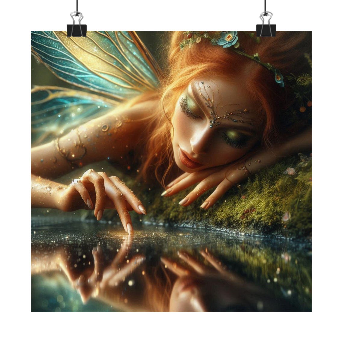 Red Haired Fairy Touching Water with a Golden Reflection Poster - Image 7