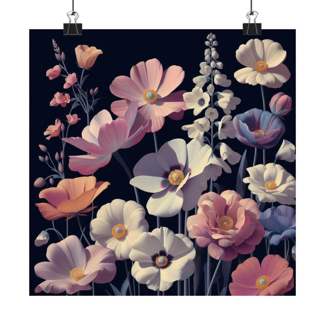 Pastel Wildflowers Blooming on Dark Background Botanical Art Poster