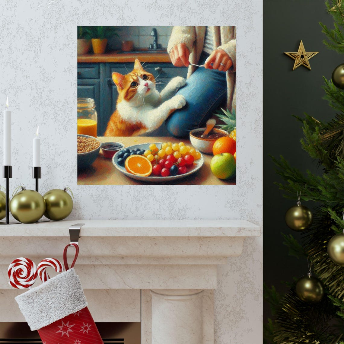 Cute Orange Kitten Begging for Fruit at Breakfast Table Poster - Image 3