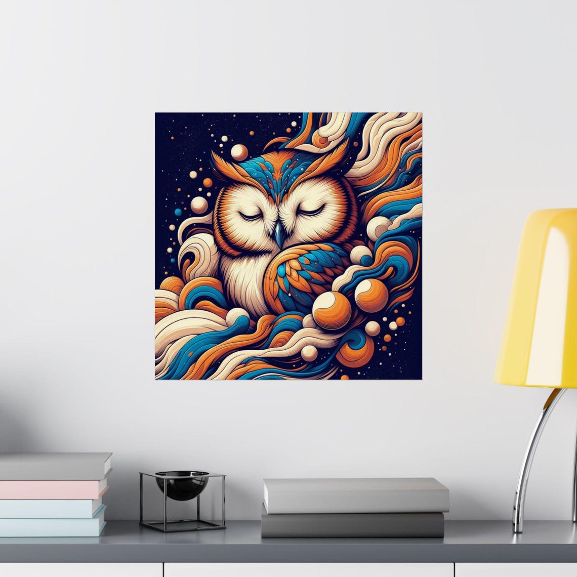 Sleeping Owl Wrapped in Dreamy Orange and Teal Swirls Poster - Image 2