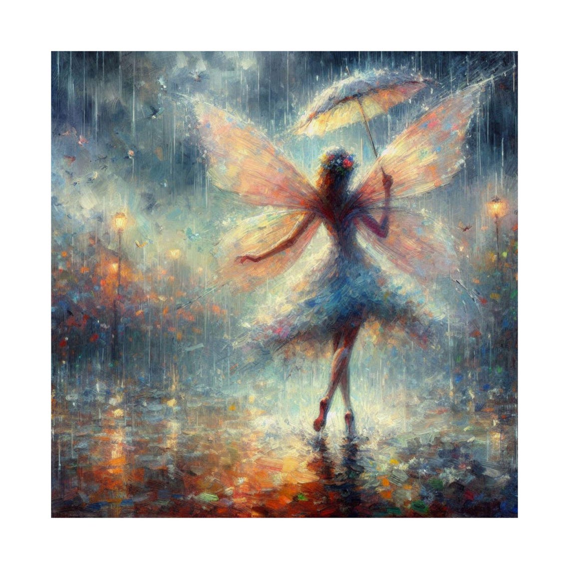 Fairy Dancing in Rain Twirling Umbrella Night Fantasy Art Poster - Image 7