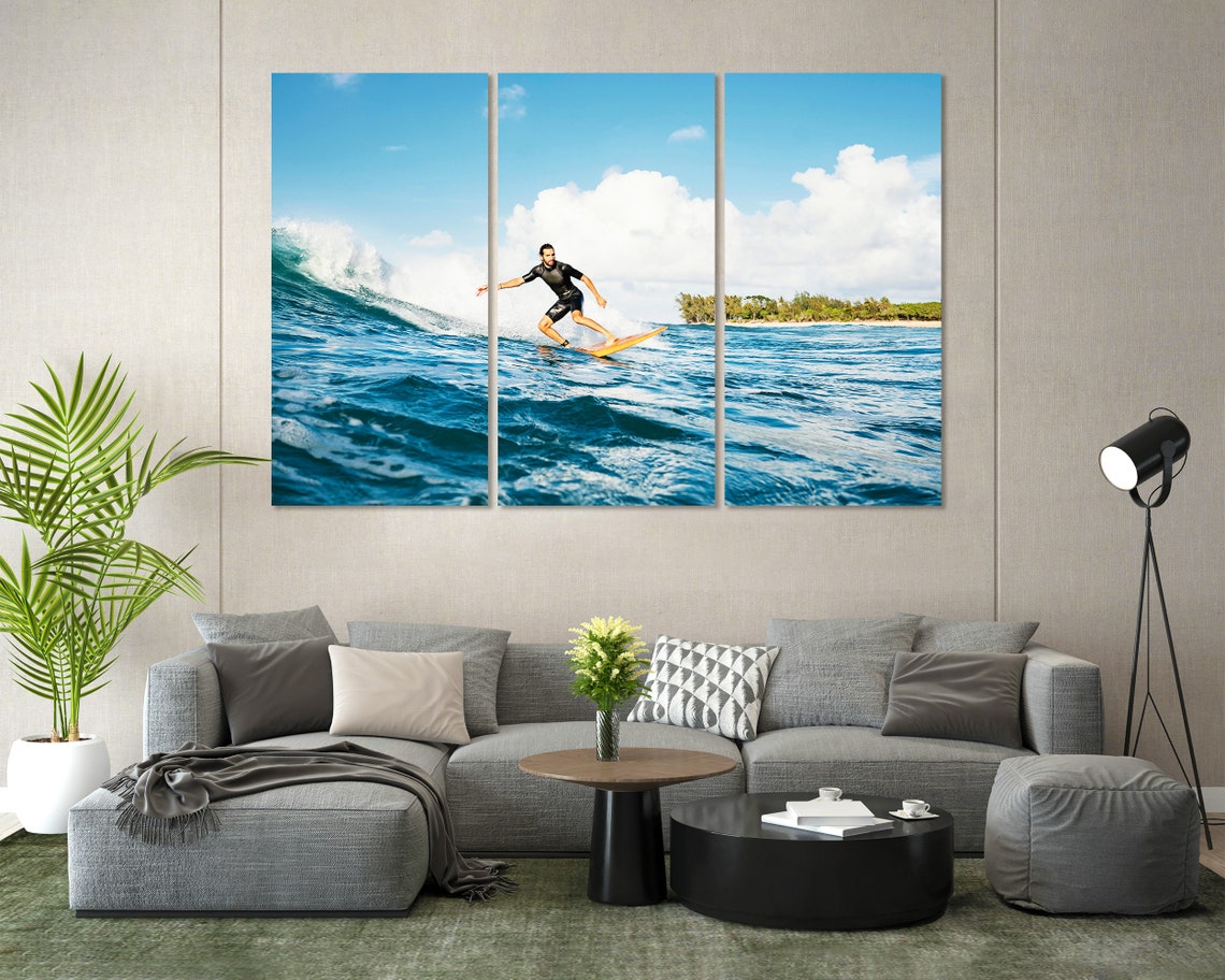 Surfer Riding Ocean Wave Sunny Blue Day Coastal Surfing Art Poster - Image 8