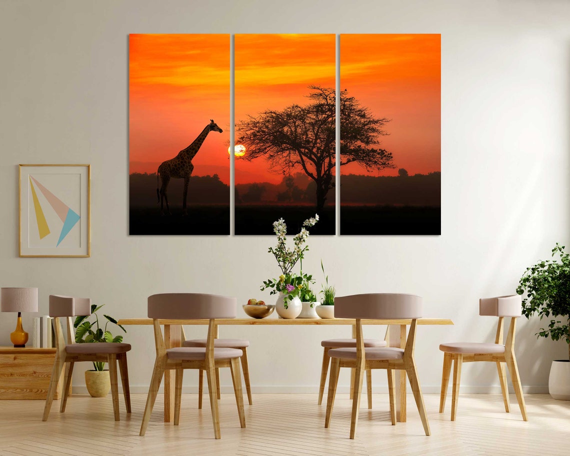 Giraffe Silhouette At Red Sunset With Acacia Tree Safari Poster - Image 5