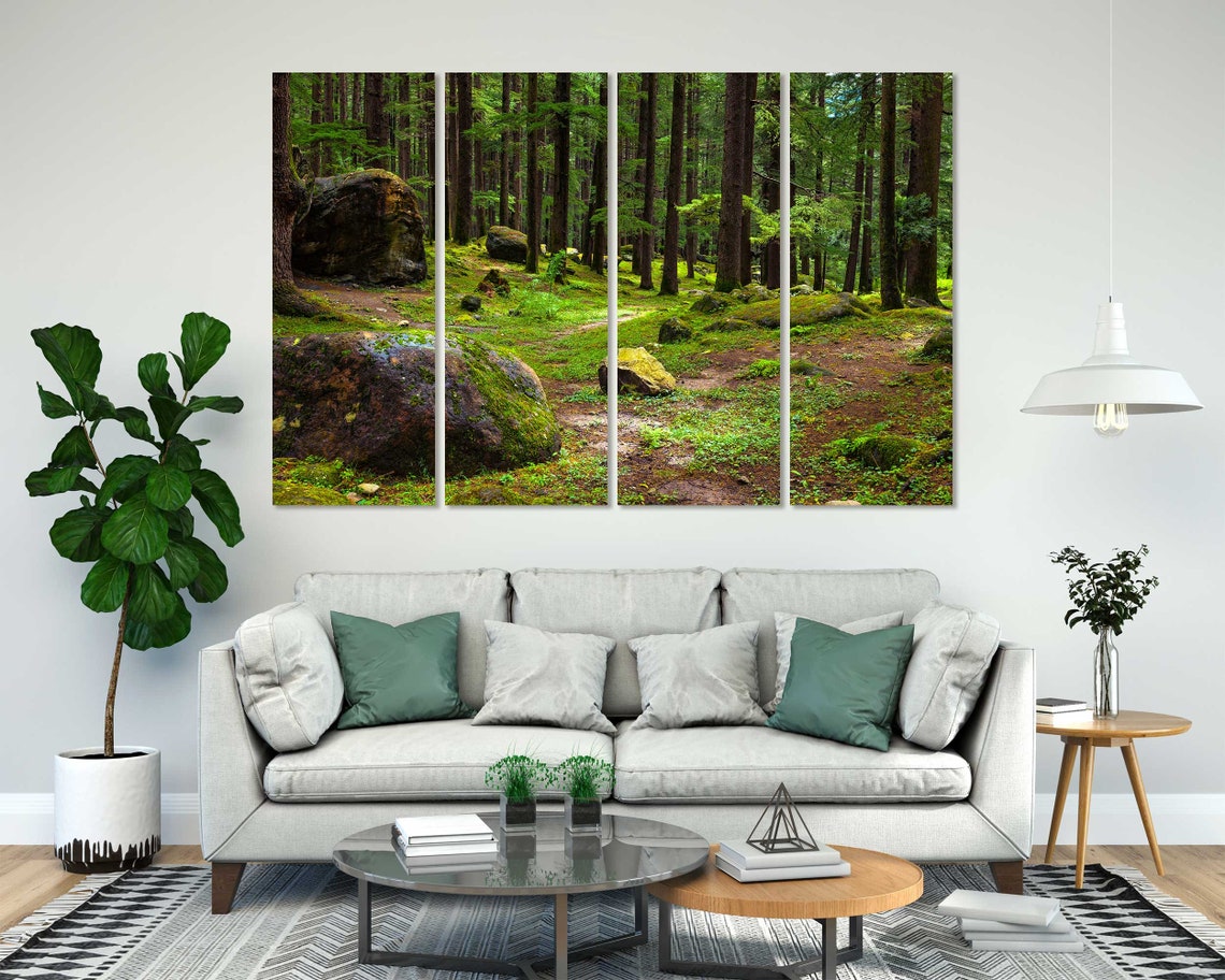 Mossy Pine Forest With Boulders Triptych Three Panel Nature Wall Art - Image 7