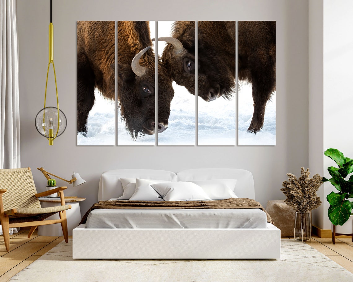 Two Bison Facing Off In The Snow Wildlife Winter Portrait Wall Art - Image 6