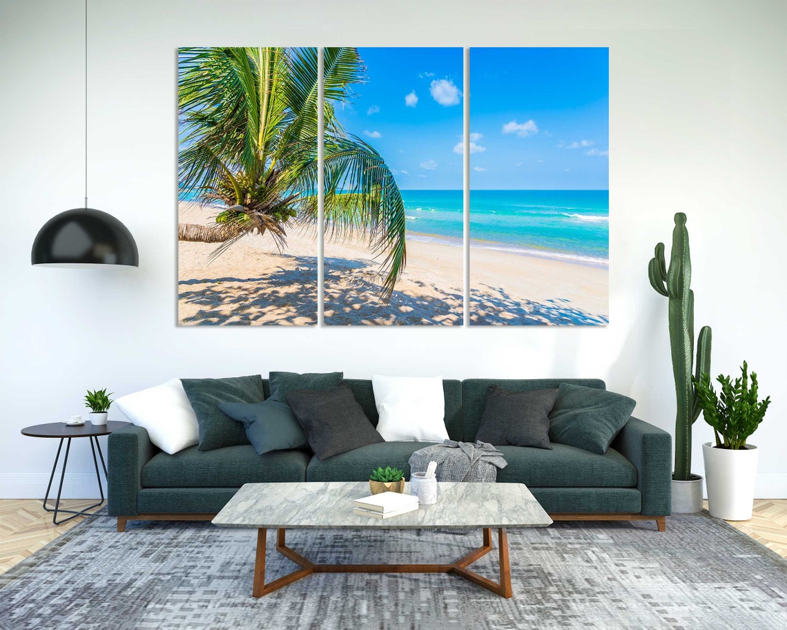 Sunny Tropical Beach Leaning Palm Tree Turquoise Ocean Travel Poster - Image 2