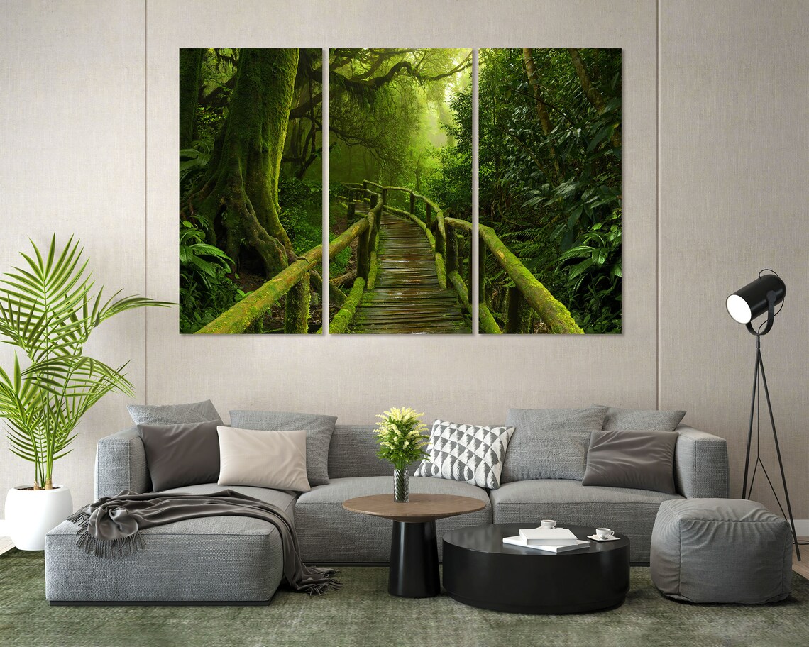 Tropical Green Jungle Forest With Mossy Wooden Bridge Art Print - Image 8
