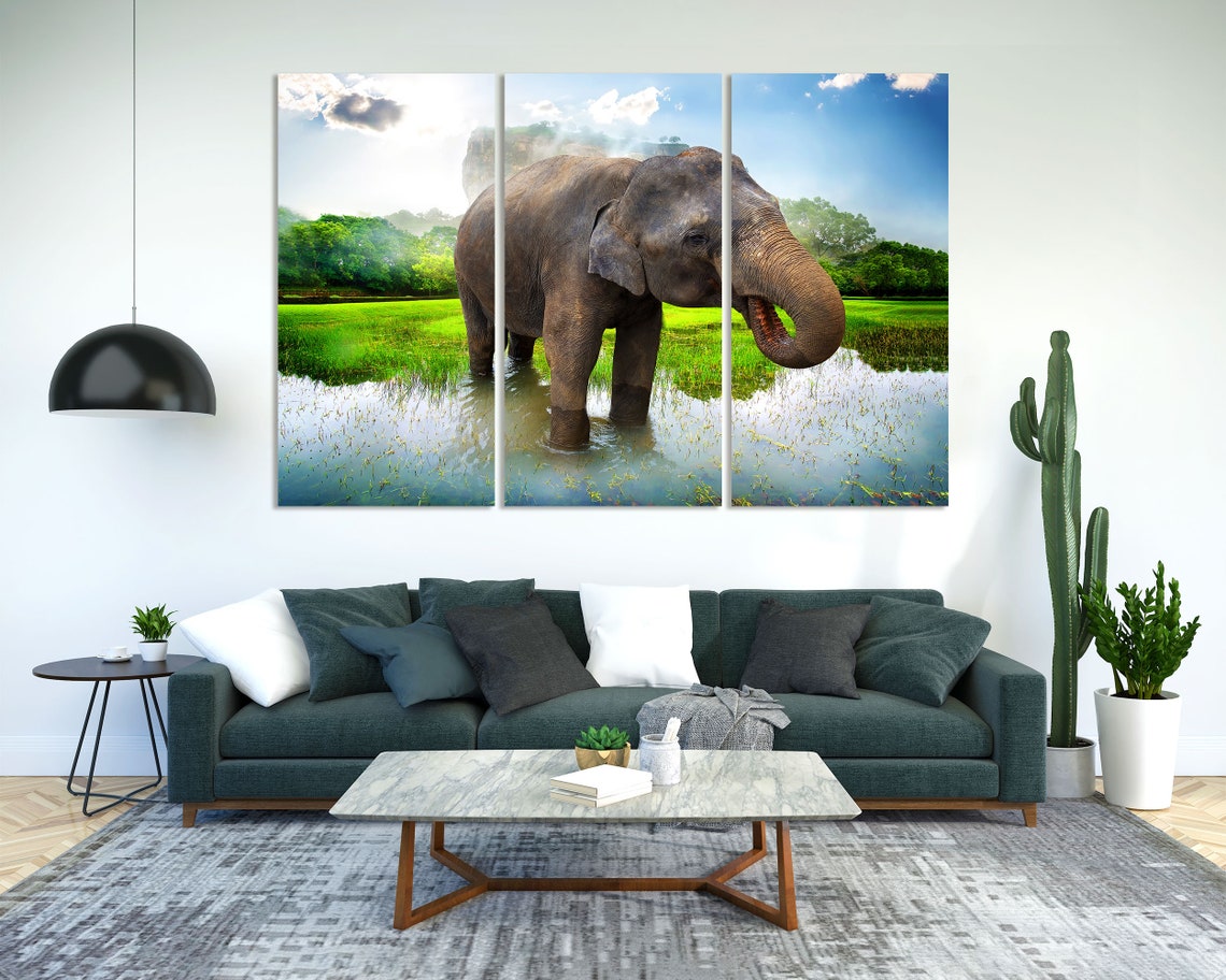 Asian Elephant Standing in Pond Green Field Mist Wildlife Poster - Image 2