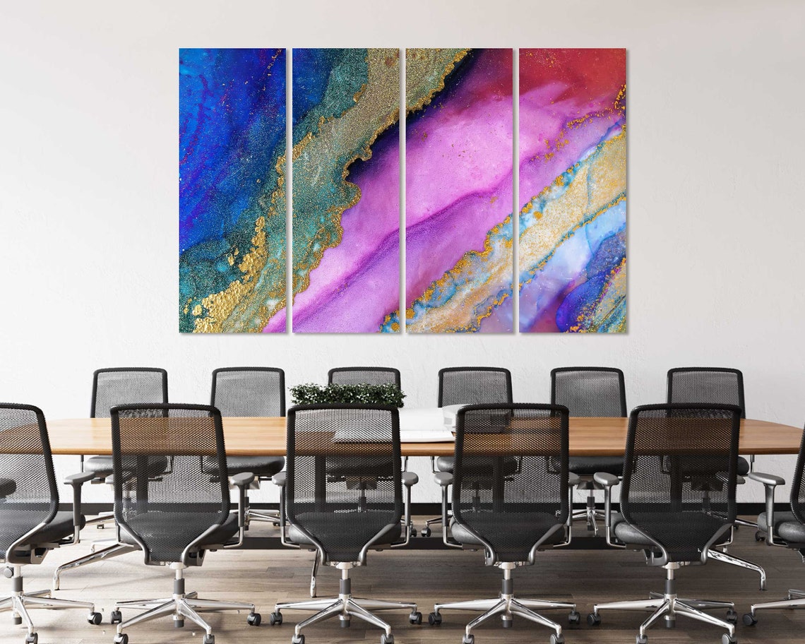 Purple Pink Blue Gold Diagonal Marble Ink Flow Wall Art Poster - Image 4
