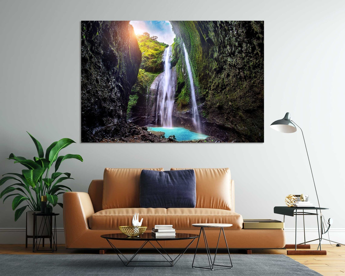 Indonesia Tall Waterfall in Mossy Green Canyon Jungle Pool View Poster