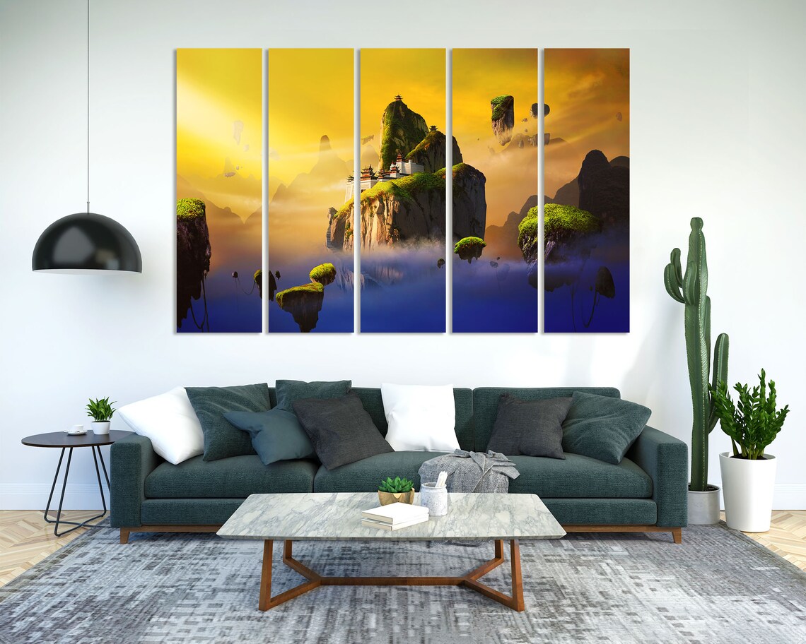 Chinese Fantasy Floating Islands Temple Golden Sunset Sky Art Print - Image 2