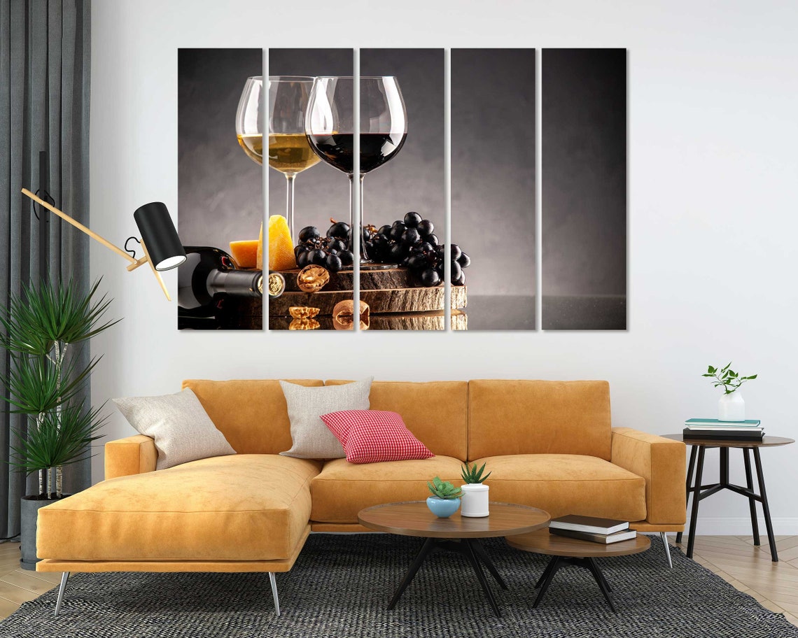 Red White Wine Glasses Grapes Cheese Still Life 4 Panel Wall Art - Image 5